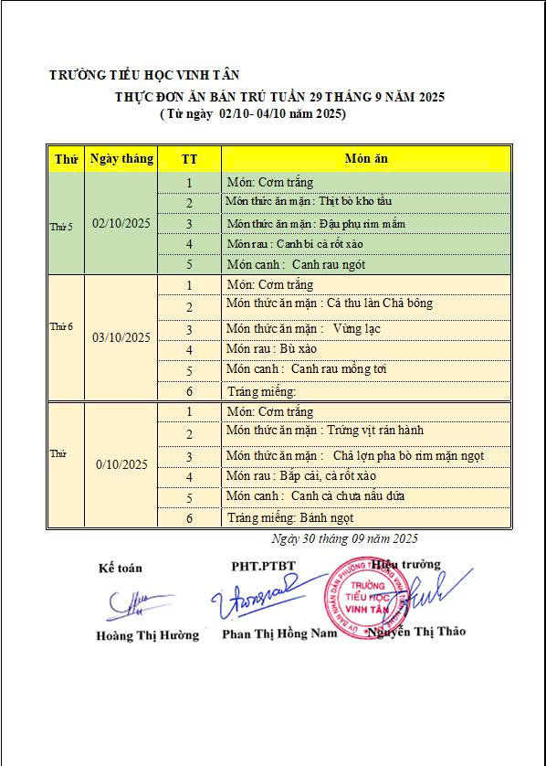 THỰC ĐƠN ĂN BÁN TRÚ  TUẦN 4