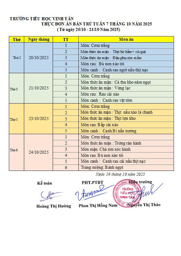 Thực đơn tuần ăn bán trú tuần 7
