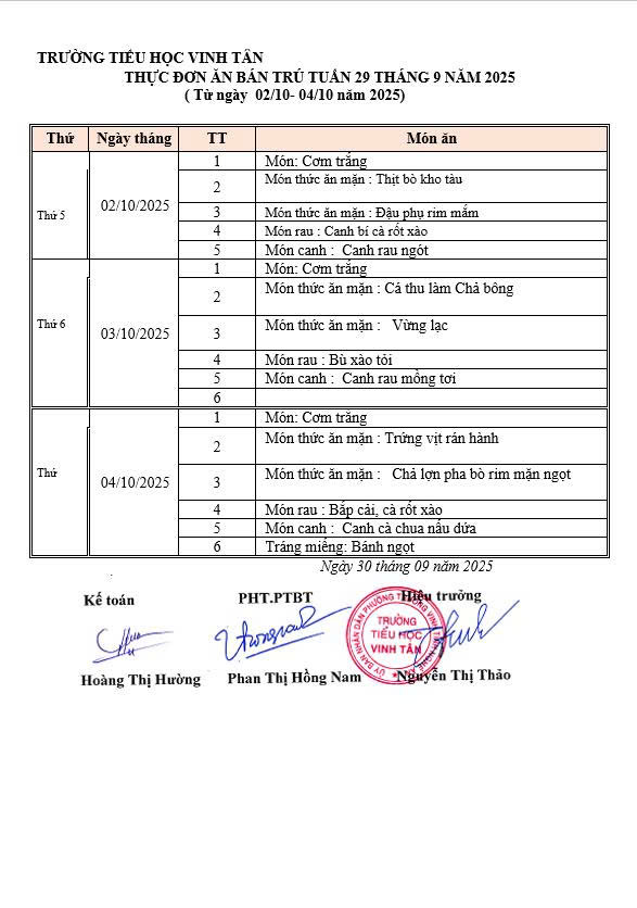 THỰC ĐƠN ĂN BÁN TRÚ TUẦN 4