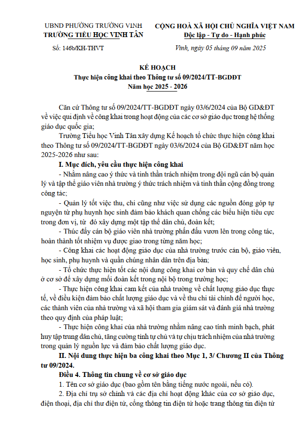 KẾ HOẠCH CÔNG KHAI THEO TT 09 NH 25 26 T1