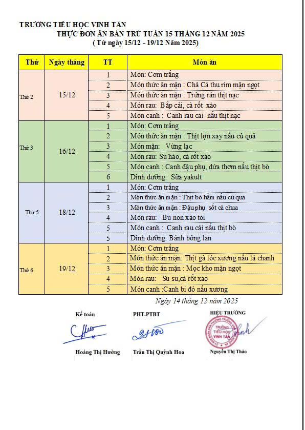 Thực đơn ăn Bán trú tuần 15
