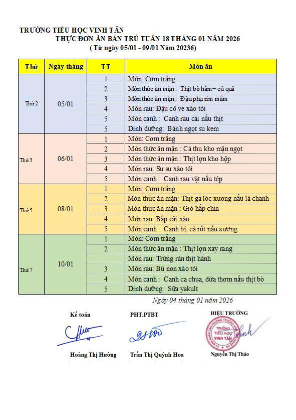 Thực đơn ăn bán trú tuần 18