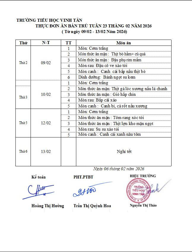 Thực đợn ăn bán trú tuần 23