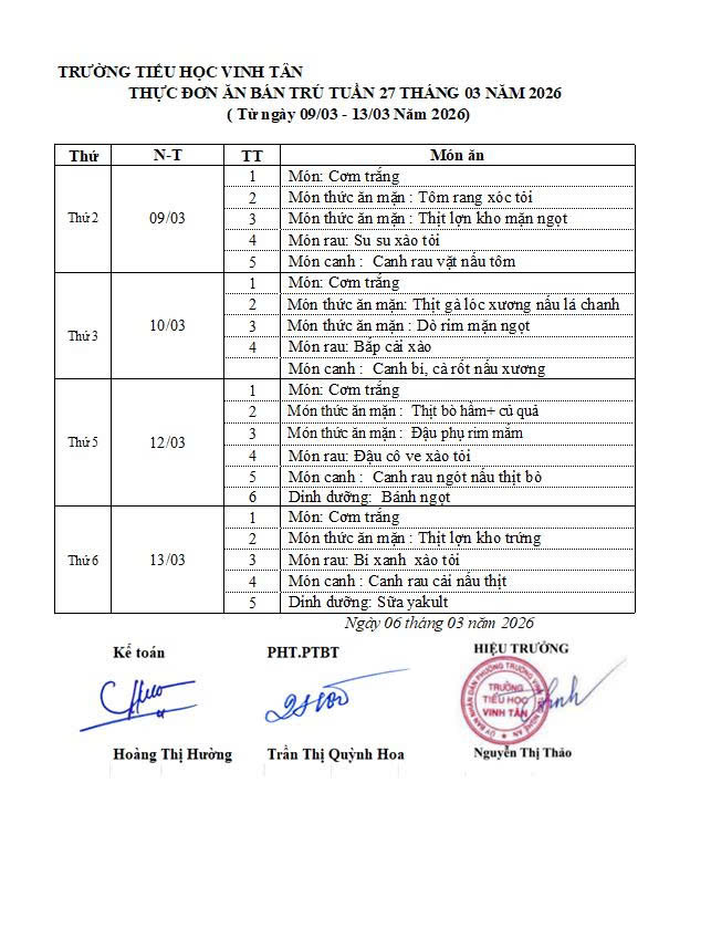 THỰC ĐƠN THỰC TUẦN 26