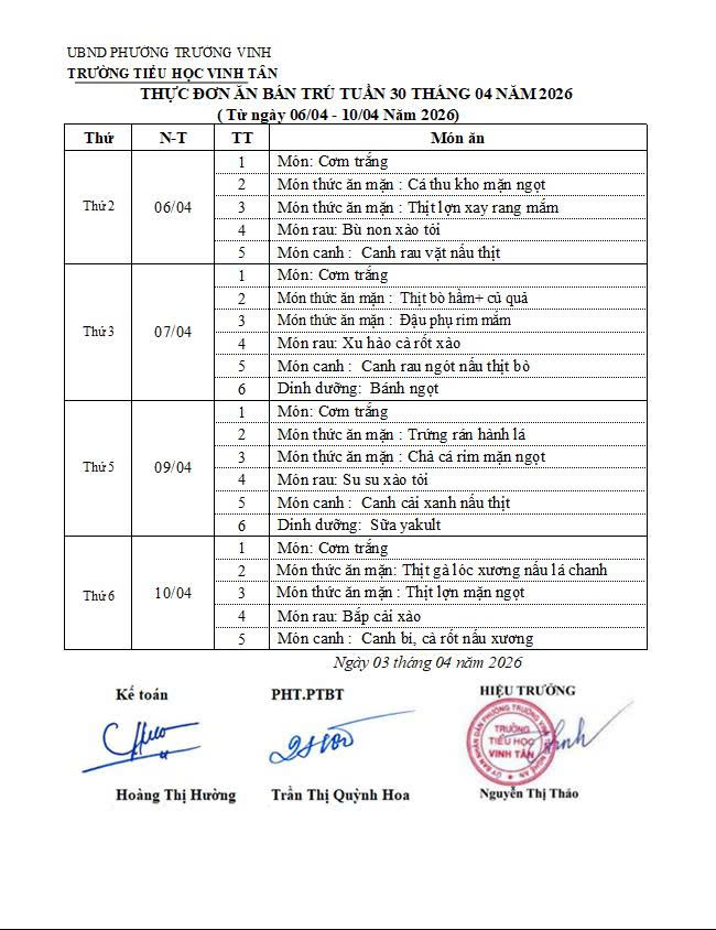 THỰC ĐƠN THỰC TUẦN 30