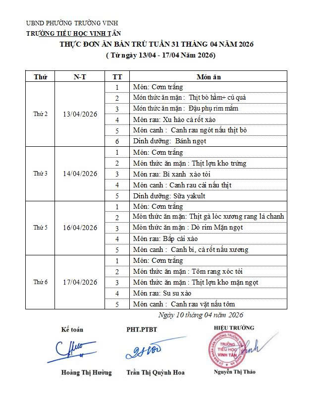 THỰC ĐƠN THỰC TUẦN 31