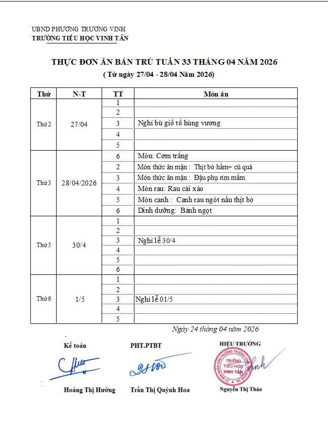 THỰC ĐƠN THỰC TUẦN 33