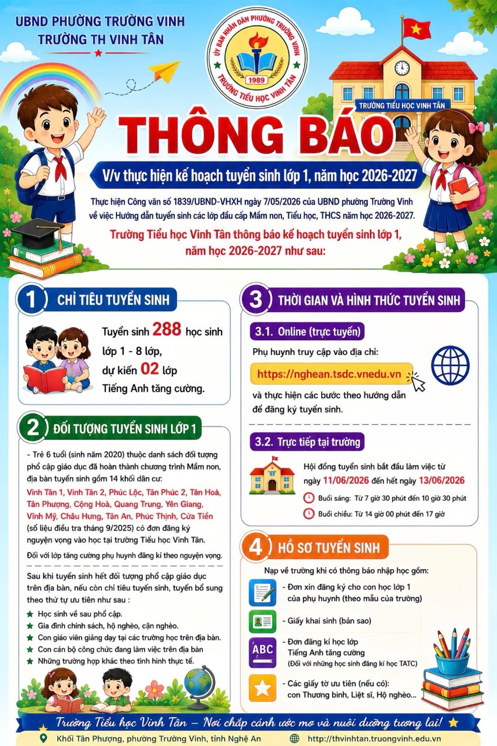 THÔNG BÁO TUYỂN SINH LỚP 1 – NĂM HỌC 2026–2027