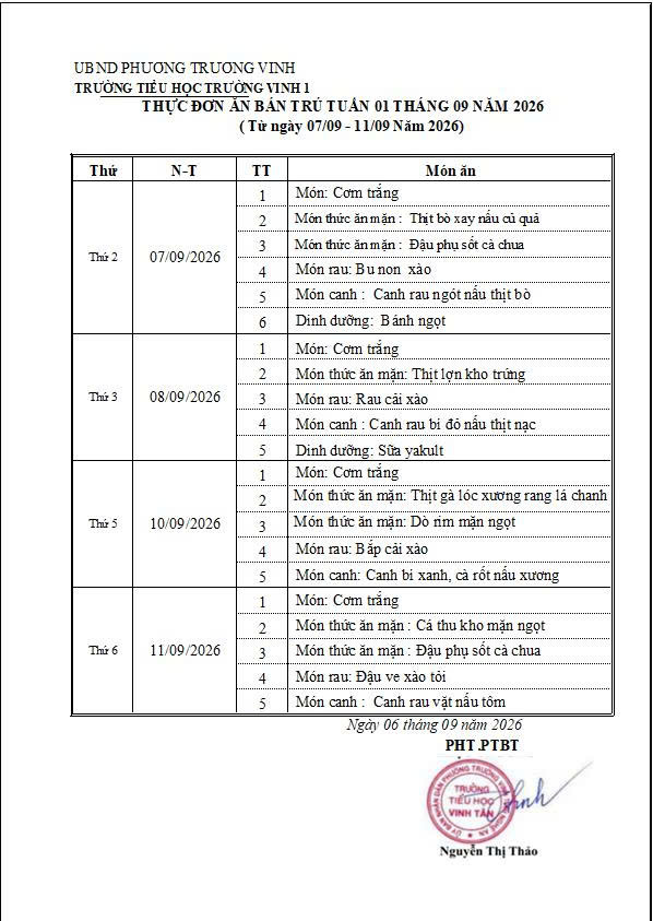 Thực đơn ăn bán trú tuần 1